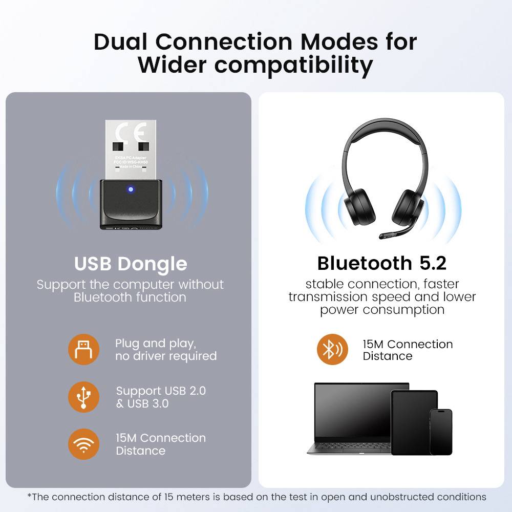 'Dubbele verbindingsmodi: USB-dongle ondersteunt apparaten zonder Bluetooth. Bluetooth 5.2 biedt stabiele verbinding, snellere overdracht.'