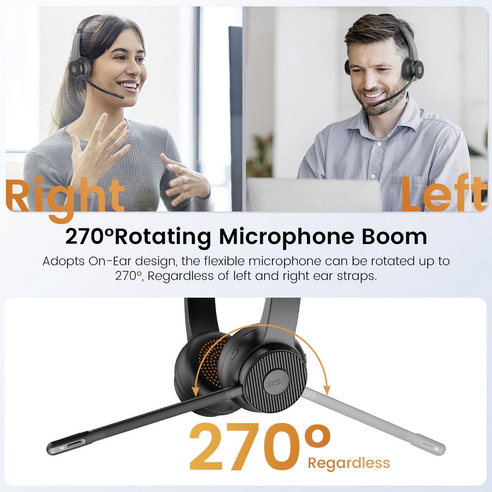 Een headset met een verstelbare microfoonarm die 270° kan roteren. De afbeelding toont dat het geschikt is voor beide oren.