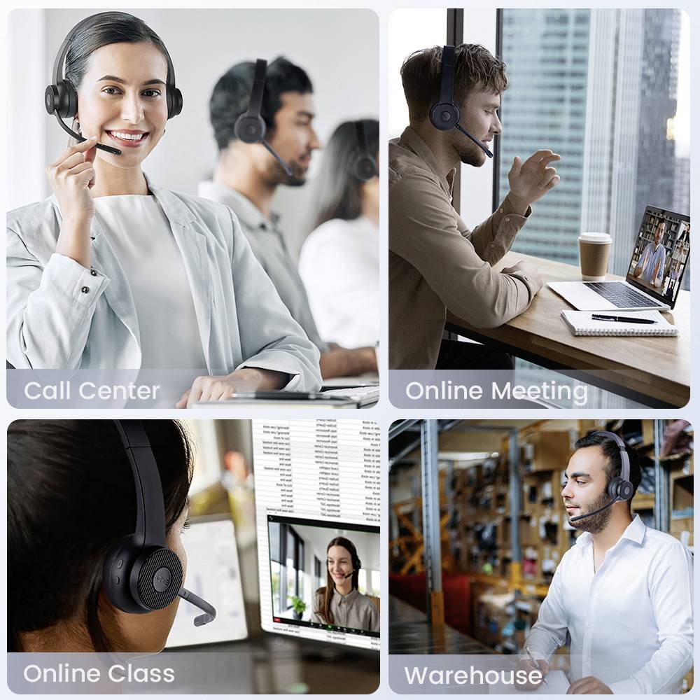 Vier afbeeldingen tonen mensen met headsets. 'Call Center': Vrouw op kantoor. 'Online Vergadering': Man op laptop. 'Online Les': Scherm in gesprek. 'Magazijn': Man in opslagruimte.