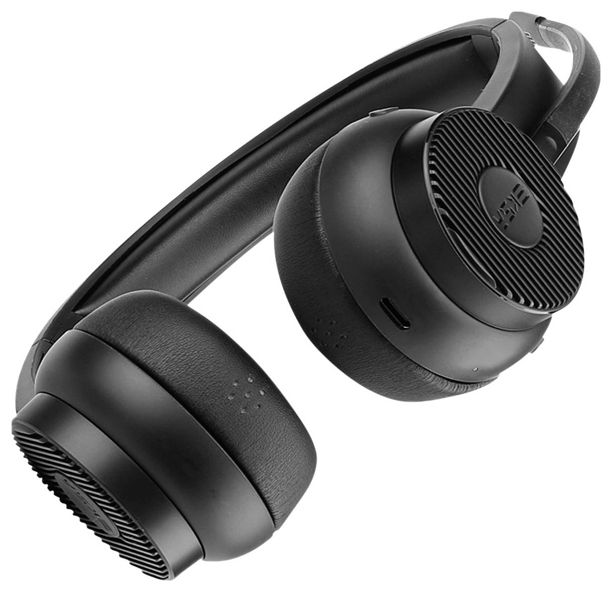 Zwarte over-ear koptelefoon met gepadde oorschelpen en verstelbare hoofdband, liggend op de zij.
