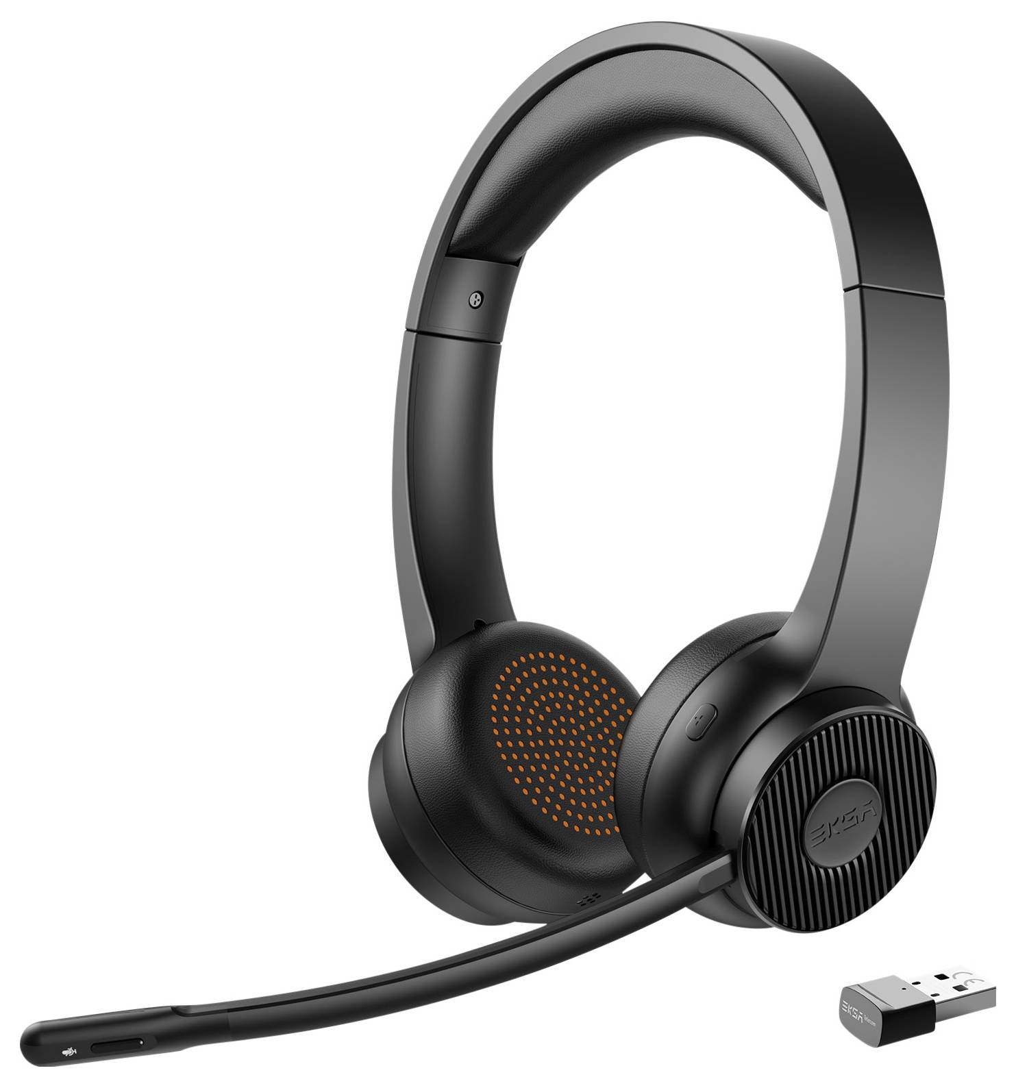 Draadloze zwarte headset met microfoon en USB-ontvanger. Ideaal voor oproepen of muziek. Ergonomisch ontwerp met gewatteerde oorkussens.