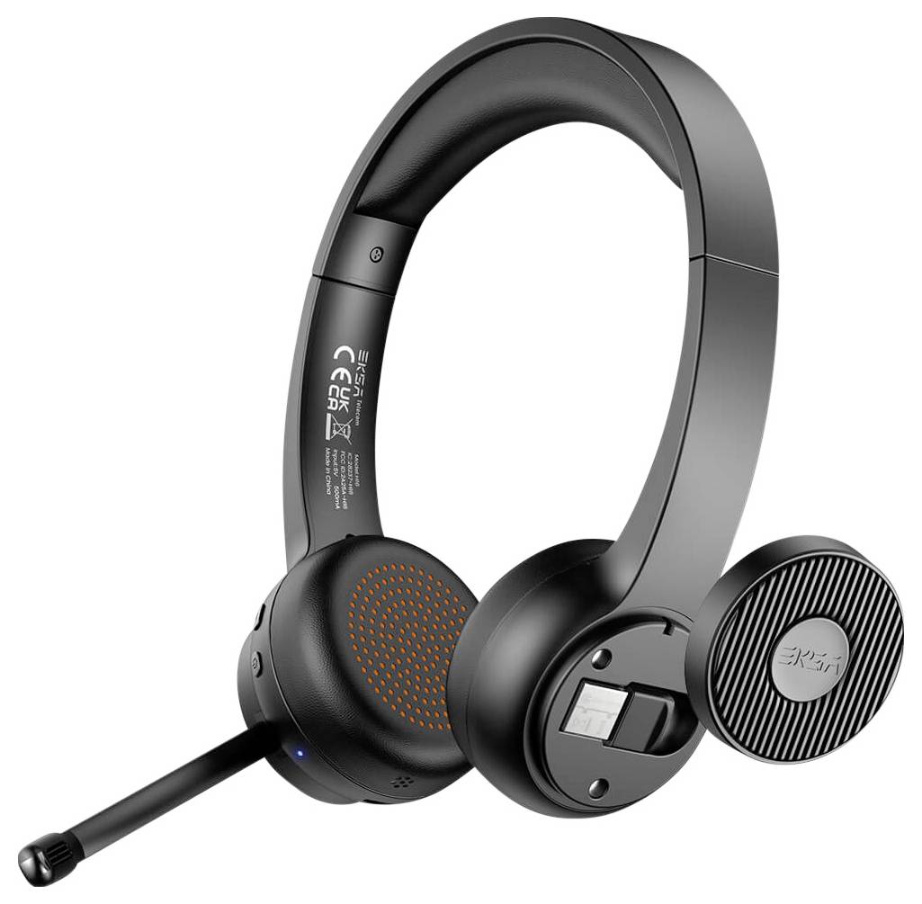 Zwart draadloos headset met microfoonarm en gewatteerde oorkussens. Geschikt voor telefoongesprekken of online vergaderingen.