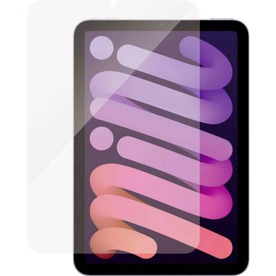 Tablet met kleurrijk schermontwerp in paars en roze tinten. Het scherm toont een beschermfolie die gedeeltelijk is losgemaakt.