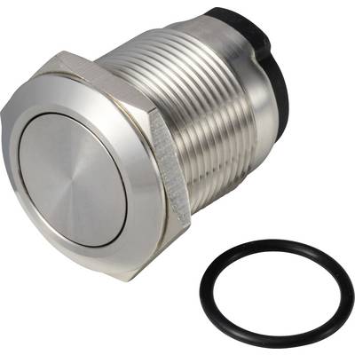 Zilveren metalen drukknop met een rond, plat ontwerp naast een zwarte rubberen afdichtingsring. Geschikt voor industriële toepassingen.