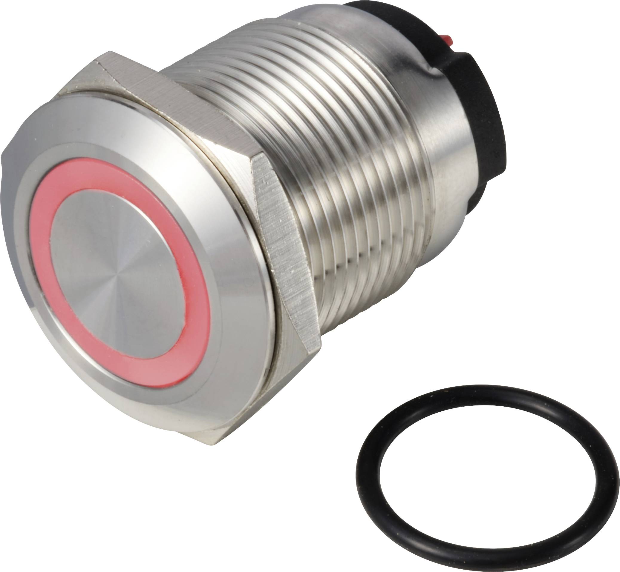 Roestvrije metalen knop met rode LED-ring en zwarte afdichtingsring. Geschikt voor montage in elektronische apparaten.