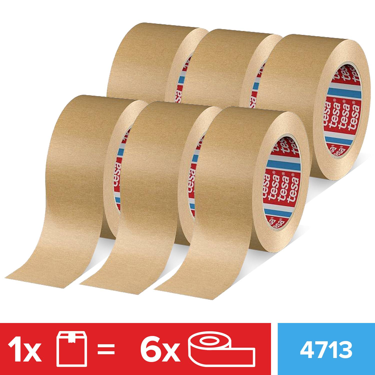 Zes bruine plakbandrollers. Linksonder: Symbool voor '1x karton = 6x rollen'. Rechtsonder: Getal '4713'.