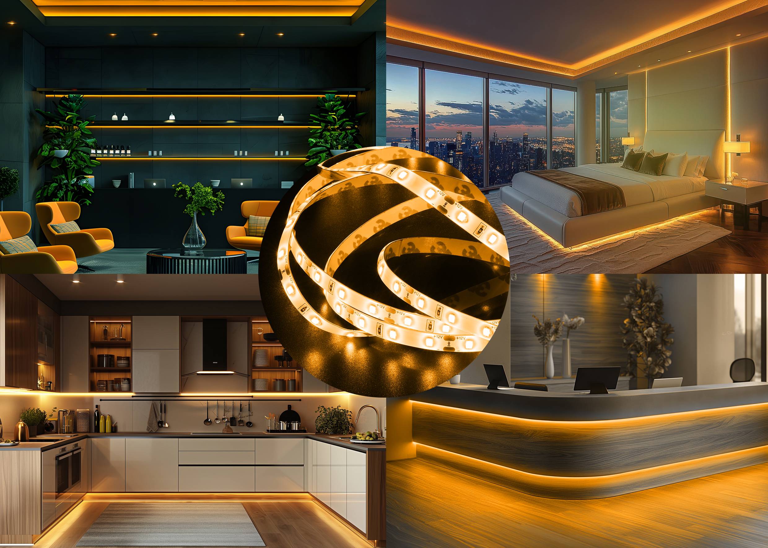 Verschillende binnenruimtes met warmwit verlichte LED-strips: woonkamer, slaapkamer, keuken en ontvangsthal.