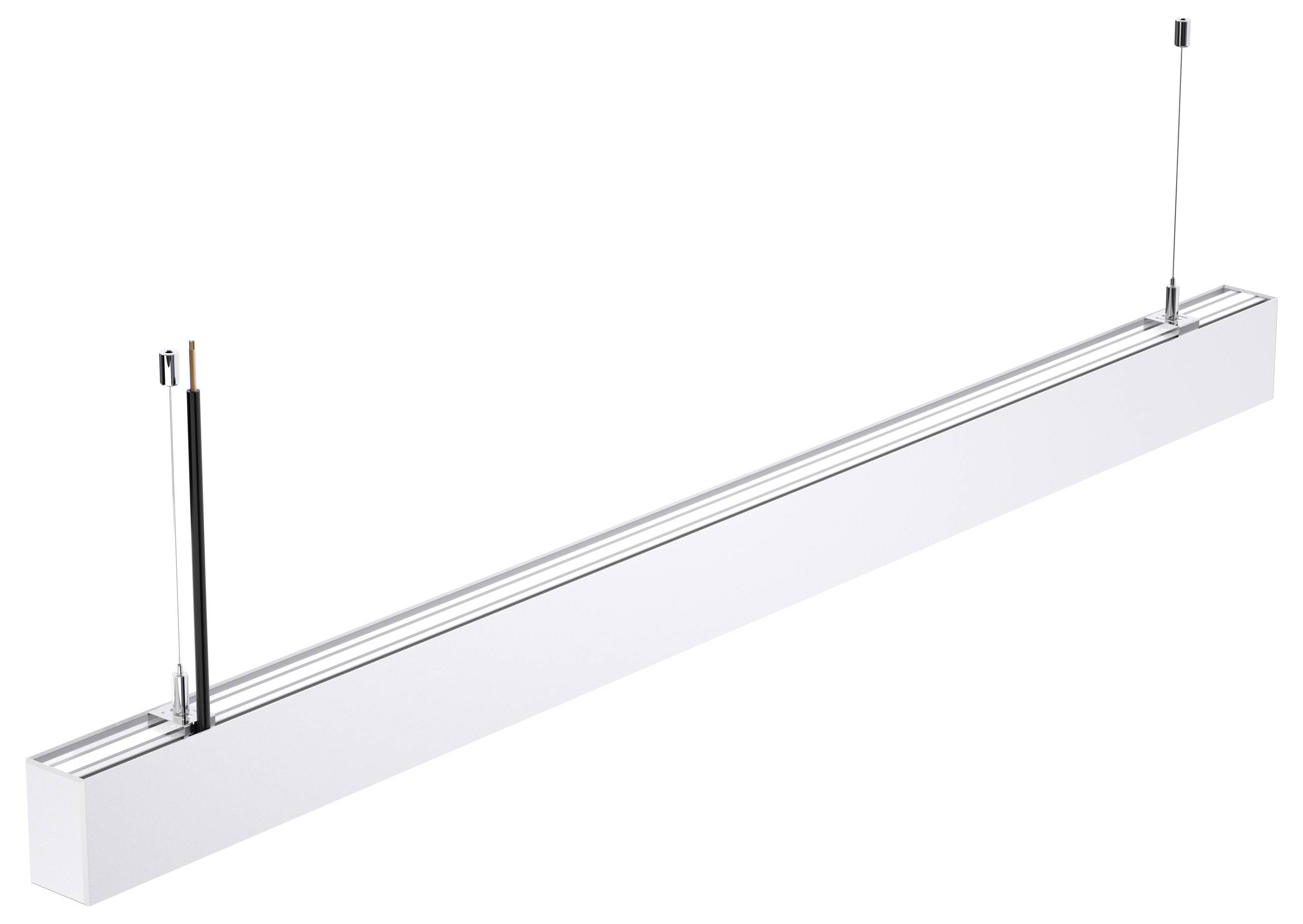 Een hangende, lineaire plafondlamp met zichtbare draden, ontworpen voor moderne interieurs.