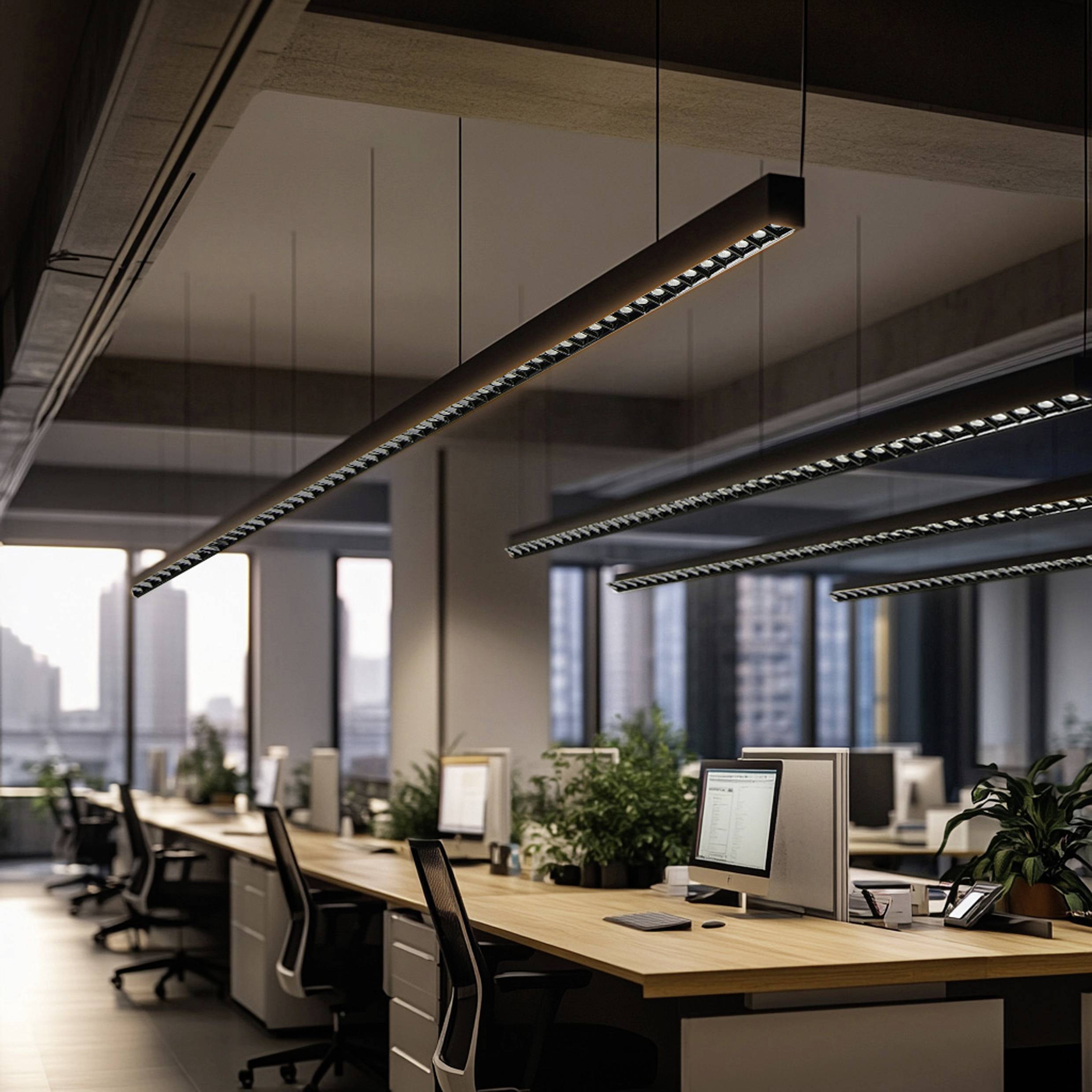 Moderne kantoorruimte met lange tafels, computers en bureaustoel. Grote ramen bieden zicht op het stadlandschap op de achtergrond.