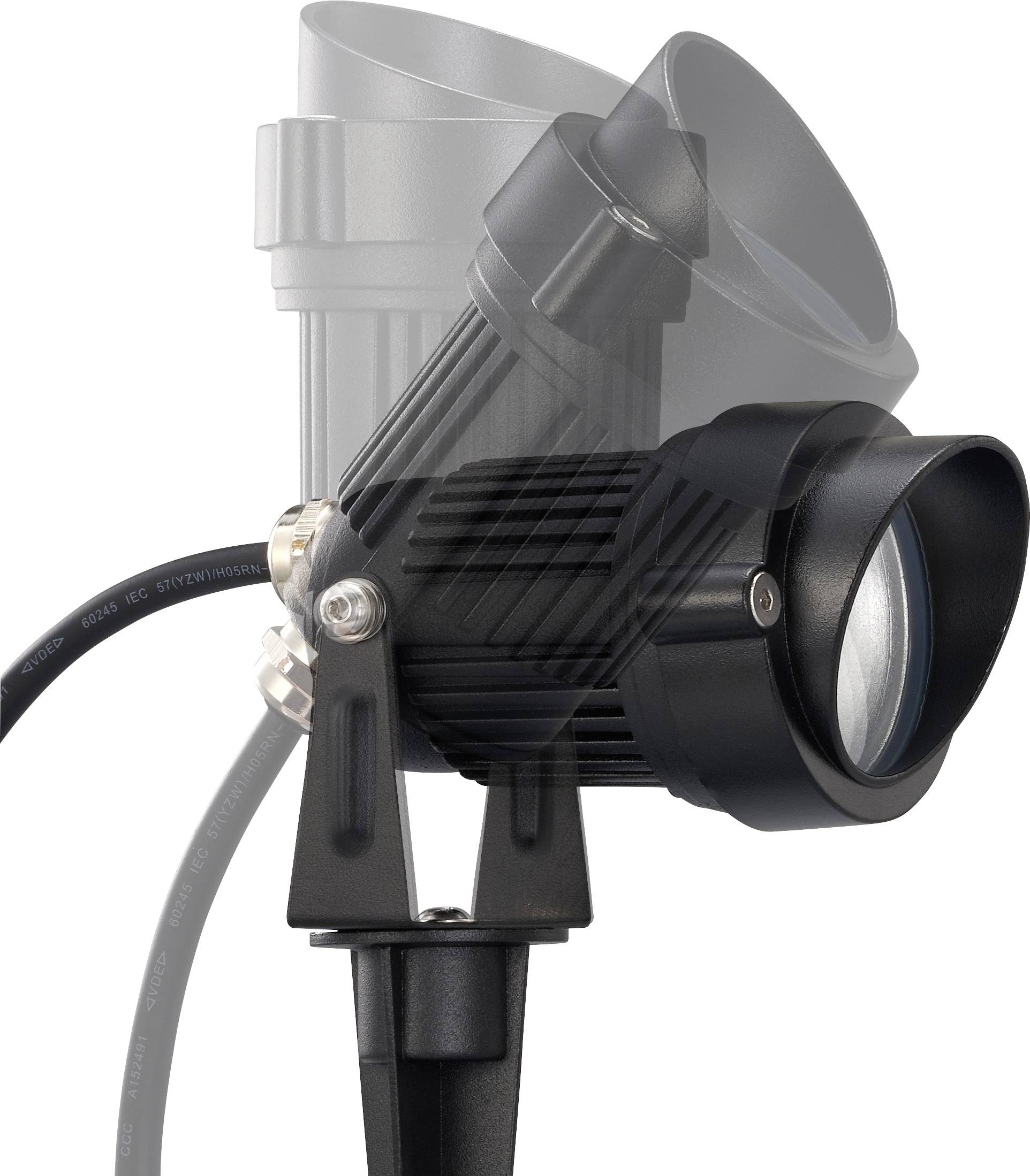 Een zwarte verstelbare spotlamp met een kabel, getoond in verschillende kantelhoeken voor flexibele verlichting.