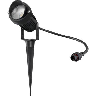 Buitenste LED-schijnwerper met een zwarte behuizing, puntige grondpen voor installatie in de grond, en een stroomaansluiting, ontworpen voor tuinverlichting.
