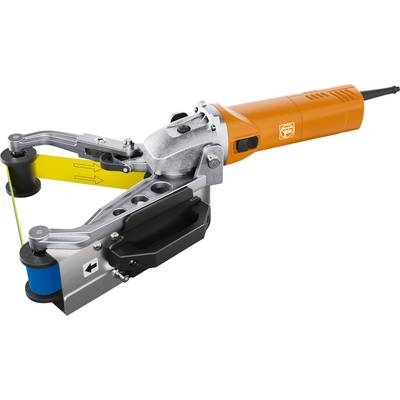 Een handgedragen elektrisch gereedschap met een oranje behuizing en een slijparm. Het wordt gebruikt om oppervlakken te schuren of te polijsten.