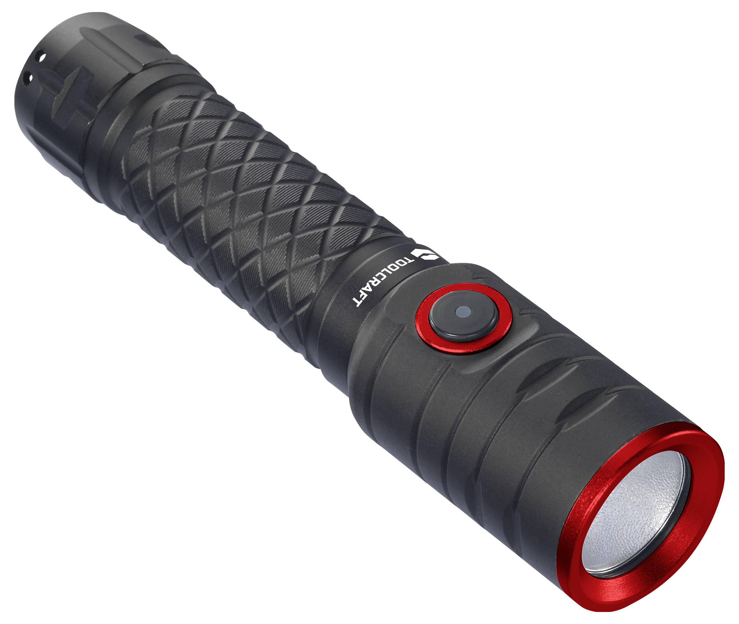 Een zwarte zaklamp met rode rand en schakelaar, liggend onder een schuine hoek op een oppervlak. Hij heeft een geprofileerd, antislip handvat.