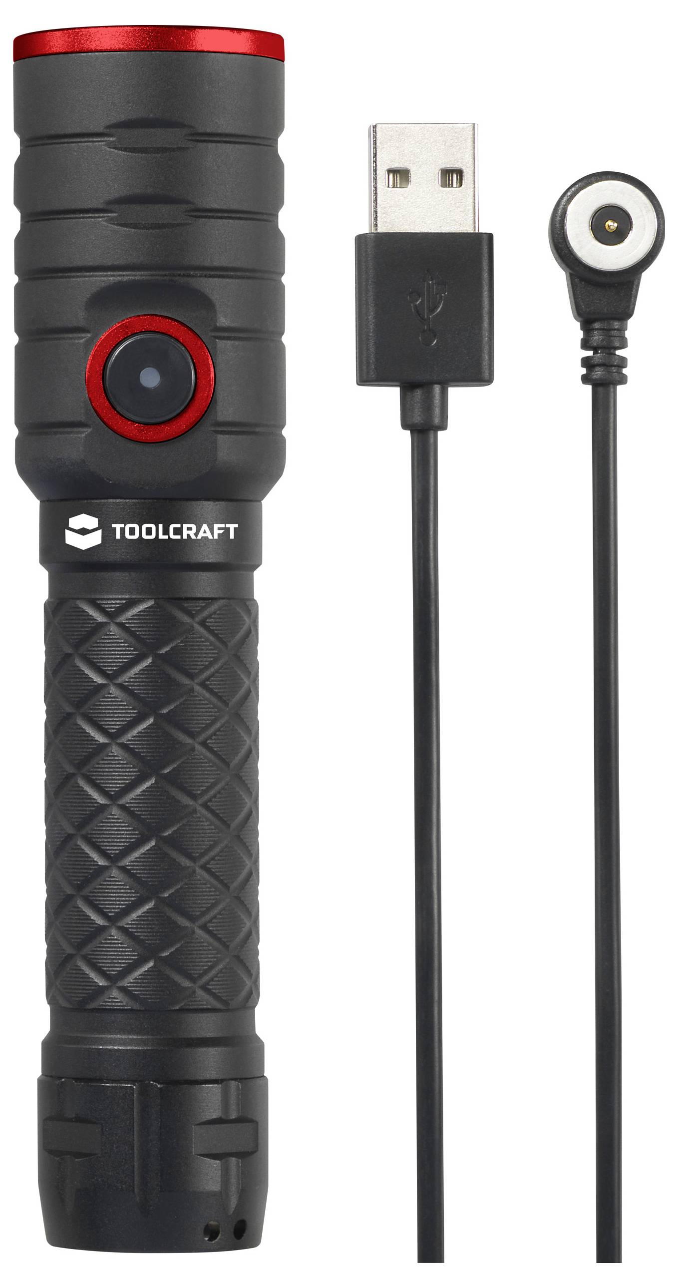 'Zwarte zaklamp met rode knop en USB-kabelaansluiting.'