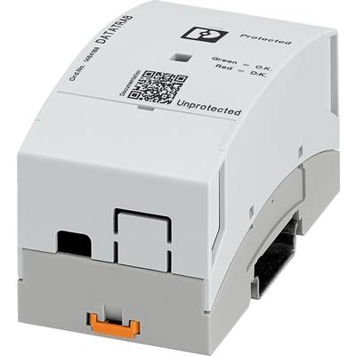 Een grijze overspanningsbeveiliging voor DIN-railmontage, gemarkeerd met 'DATA TRAB'. Een QR-code en statusaanduidingen voor 'Green - OK' en 'Red - OK' zijn zichtbaar.