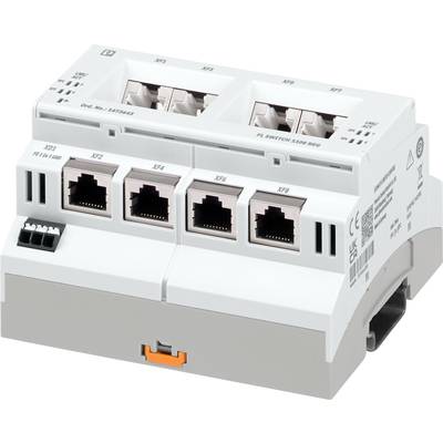 'Een Ethernet-switch met acht poorten, geschikt voor industriële netwerktoepassingen, gemonteerd op een DIN-rail.'