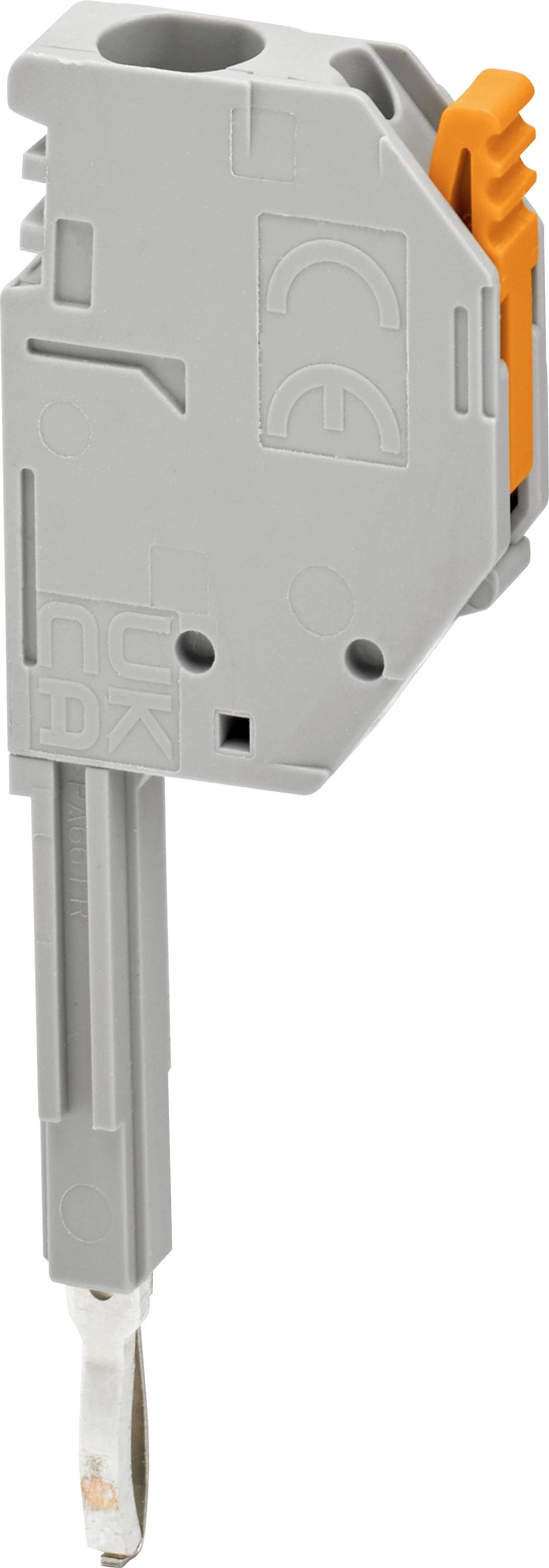 Grijze elektrische connector met een oranje klem bovenaan. Wordt gebruikt voor het veilig verbinden van draden in elektrische toepassingen.