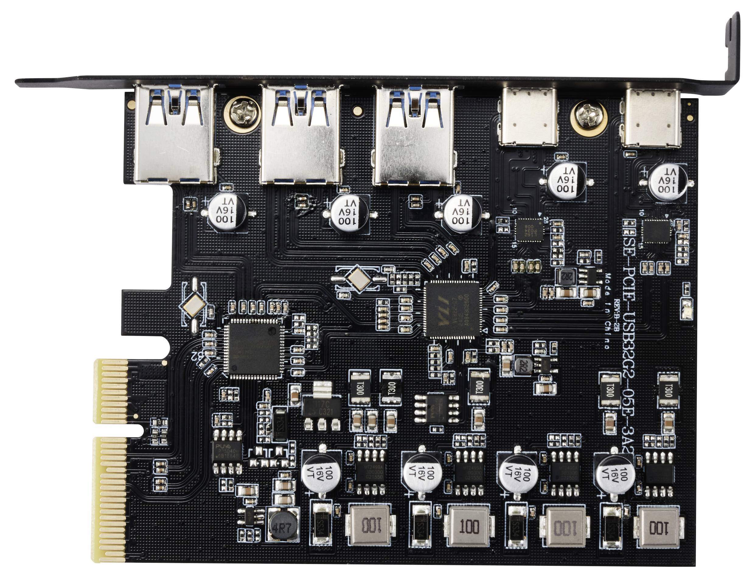 'Interne PCI-Express-kaart met vijf USB-poorten, waaronder drie USB-poorten en twee Type-C-poorten, gemonteerd op zwart PCB-materiaal.'