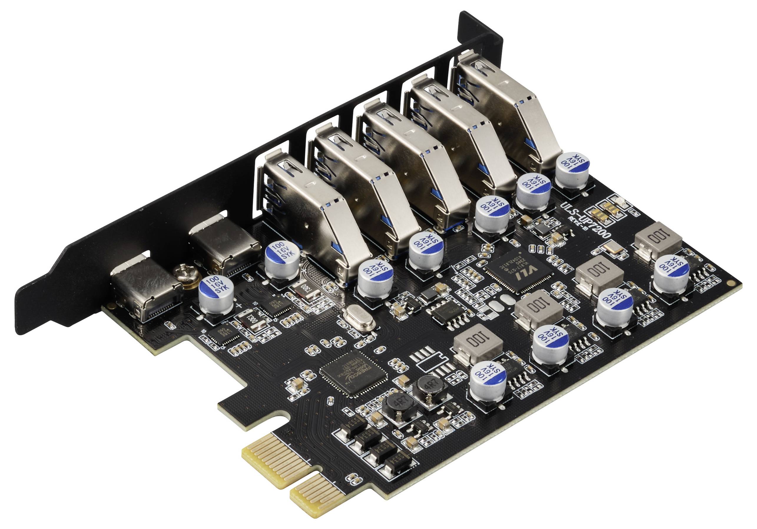 'Een PCI Express-uitbreidingskaart met meerdere USB-poorten en elektronische componenten, gemonteerd op een printplaat.'