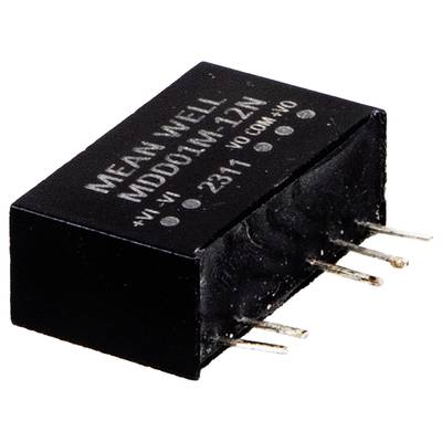 Zwarte elektronische componenten module met meerdere metalen pins, gemarkeerd met 'MEAN WELL' en modelnummer, bestemd voor spanningsomzetting.