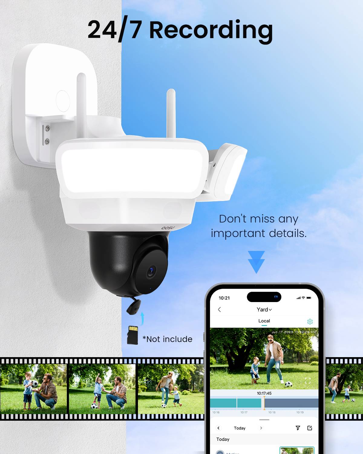 Bewakingscamera aan de muur, tekst '24/7 Opname'. Smartphone toont live-beelden van de tuin. Pijl benadrukt het belang van de details.