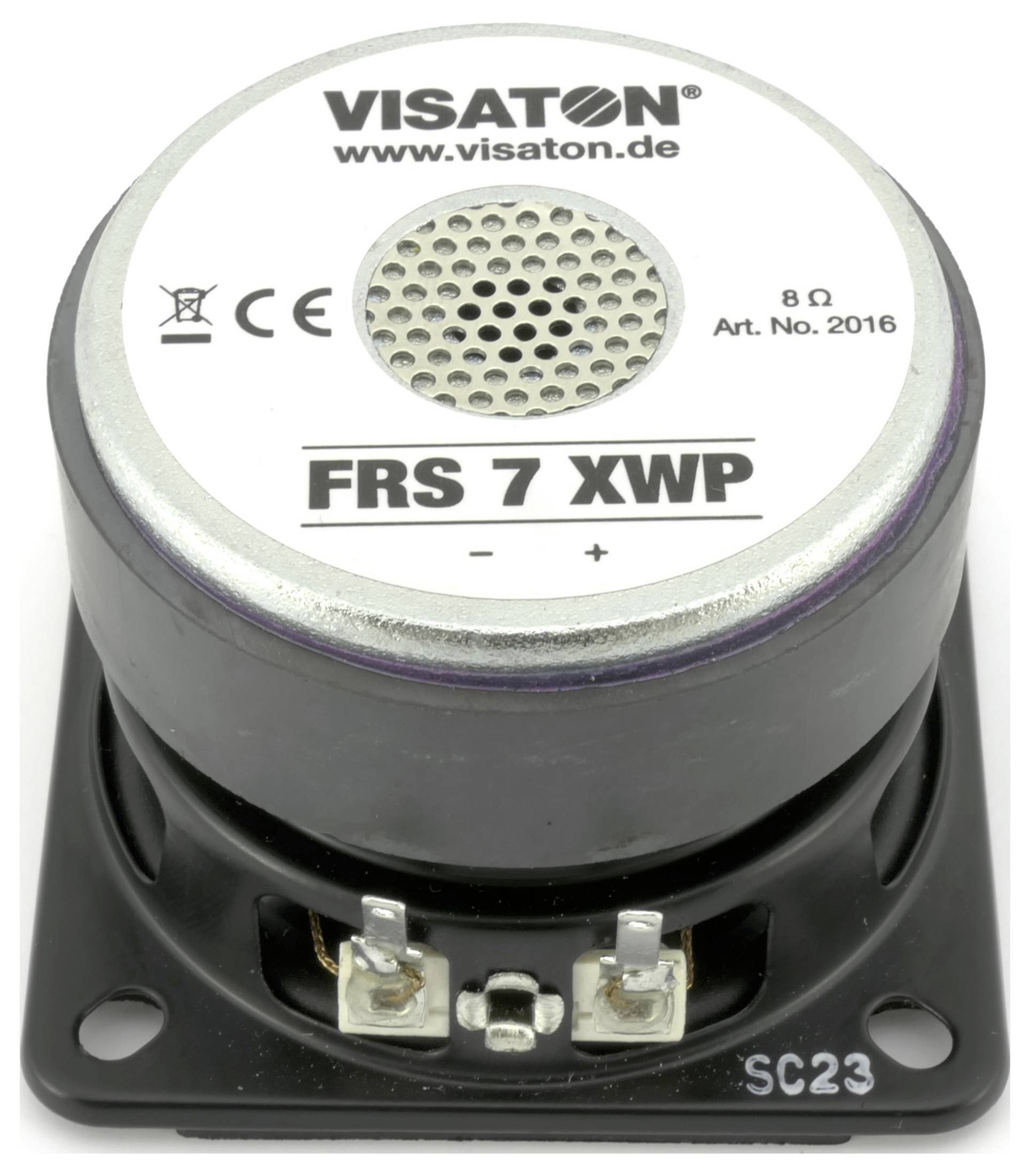 Luidspreker van het merk Visaton, model FRS 7 XWP, met elektrische aansluitingen.