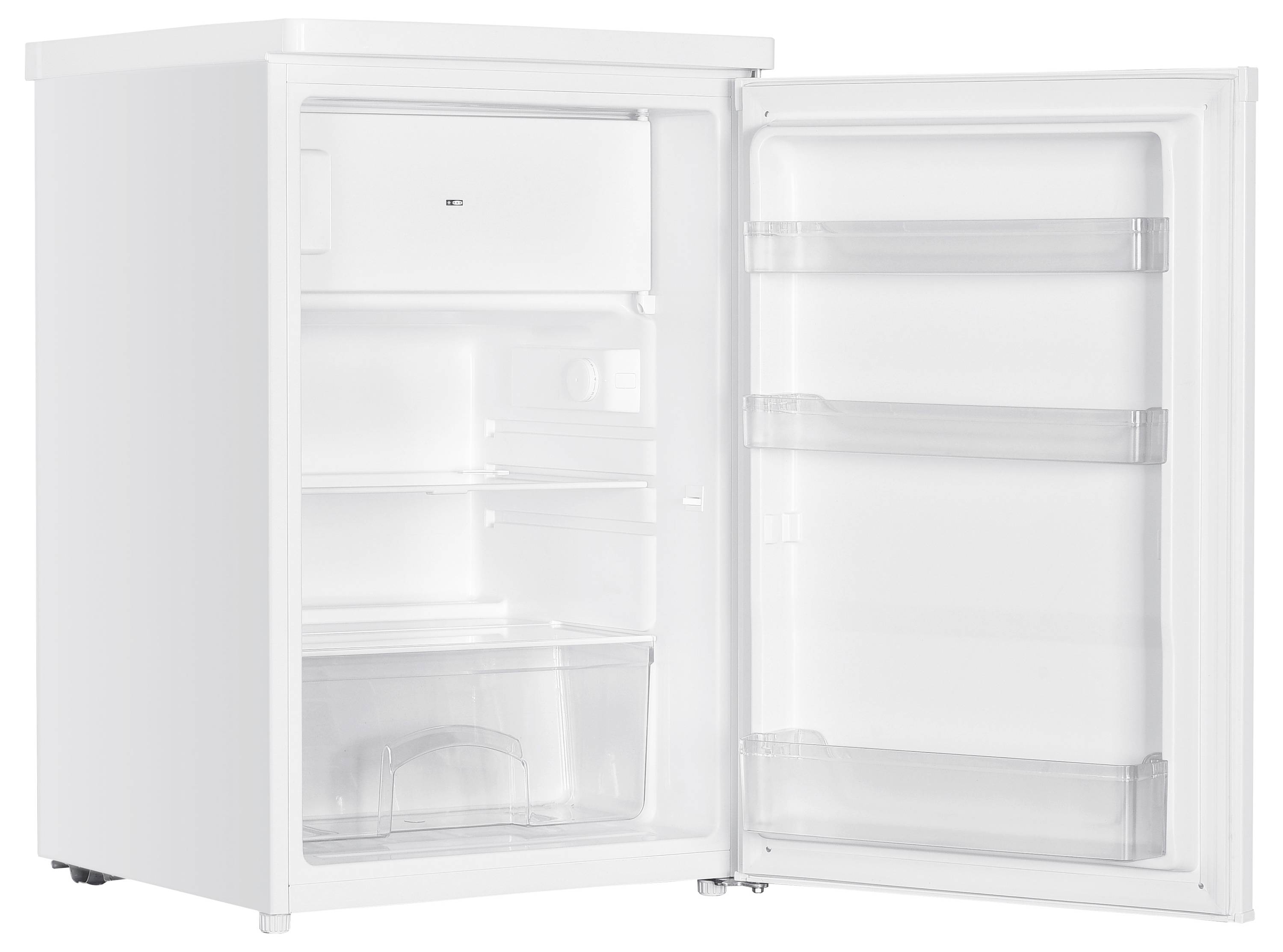 Een witte, open koelkast met meerdere vakken en transparante schappen in de deur.
