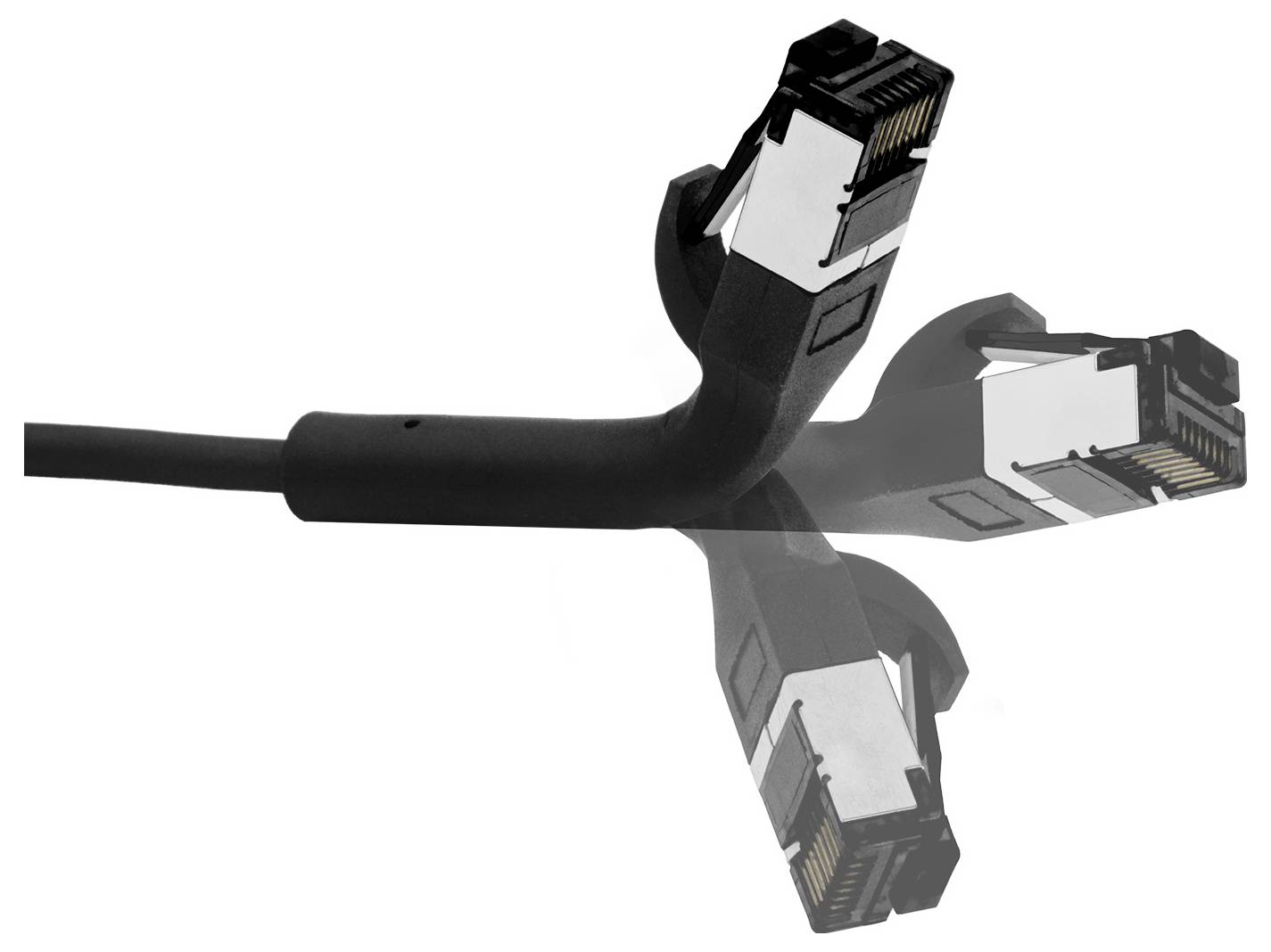Meerdere zwarte Ethernet-kabels met RJ-45-connectoren die zich vertakken vanuit één kabel en in verschillende richtingen wijzen.