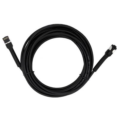 Zwart Ethernet-kabel met twee RJ45-connectoren, opgerold. Geschikt voor netwerken en internetverbindingen.
