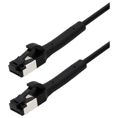 Twee zwarte Ethernet-kabels met connectoren wijzen naar boven, op een witte achtergrond. Geschikt voor netwerkverbindingen.