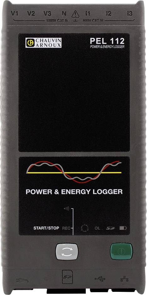'Chauvin Arnoux PEL 112 Power & Energy Logger' apparaat met digitaal scherm. Toont energieverbruik via grafieken en LED's.