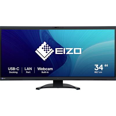 Monitor met 34-inch scherm, toont 'EIZO' logo en tekst over aansluitingen: 'USB-C Docking', 'LAN-poort', 'Ingebouwde webcam'.