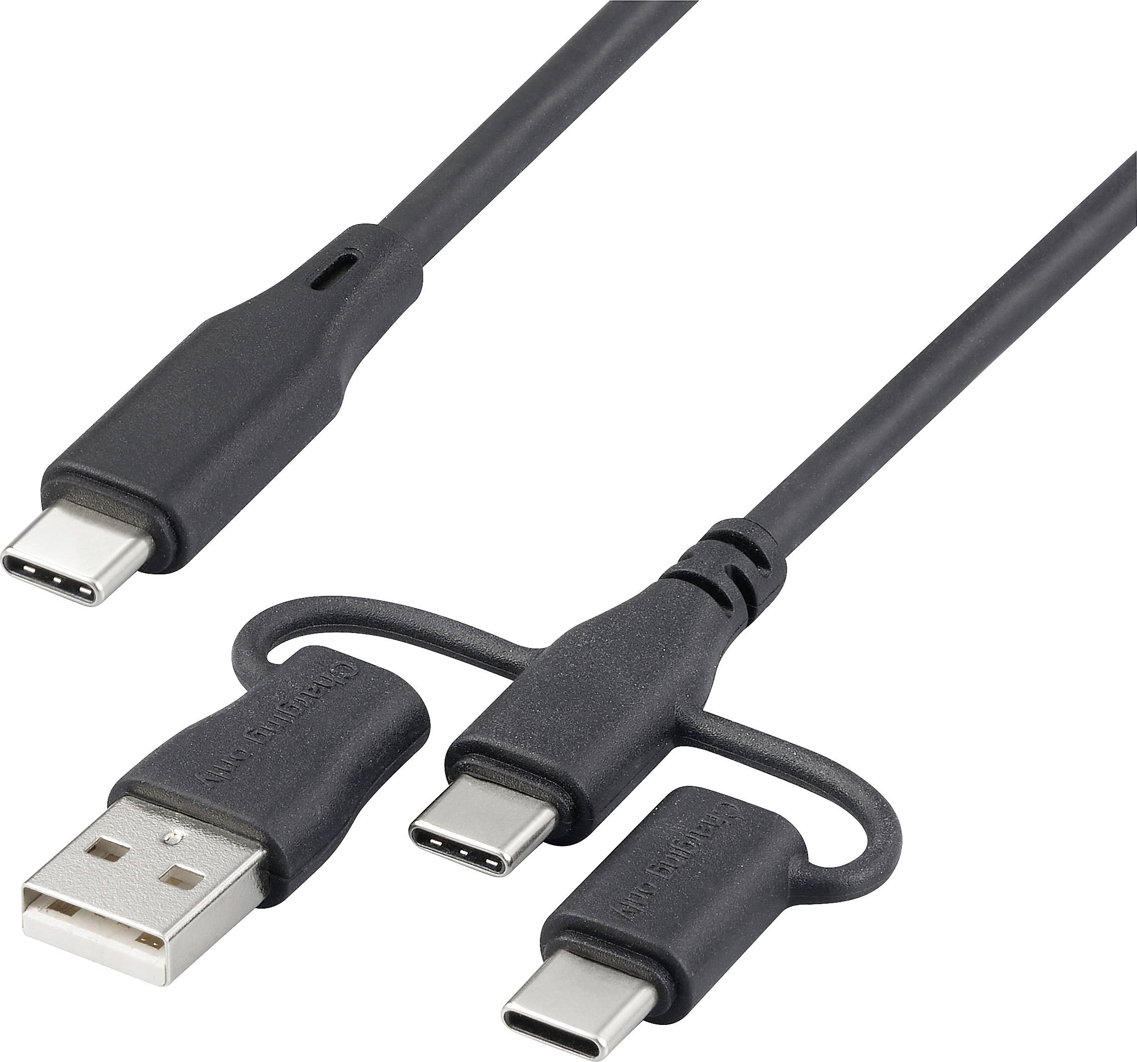 Drie-in-één USB-kabel: Een kabel met USB-C, Micro-USB en USB-A aansluitingen voor gebruik met verschillende apparaten.