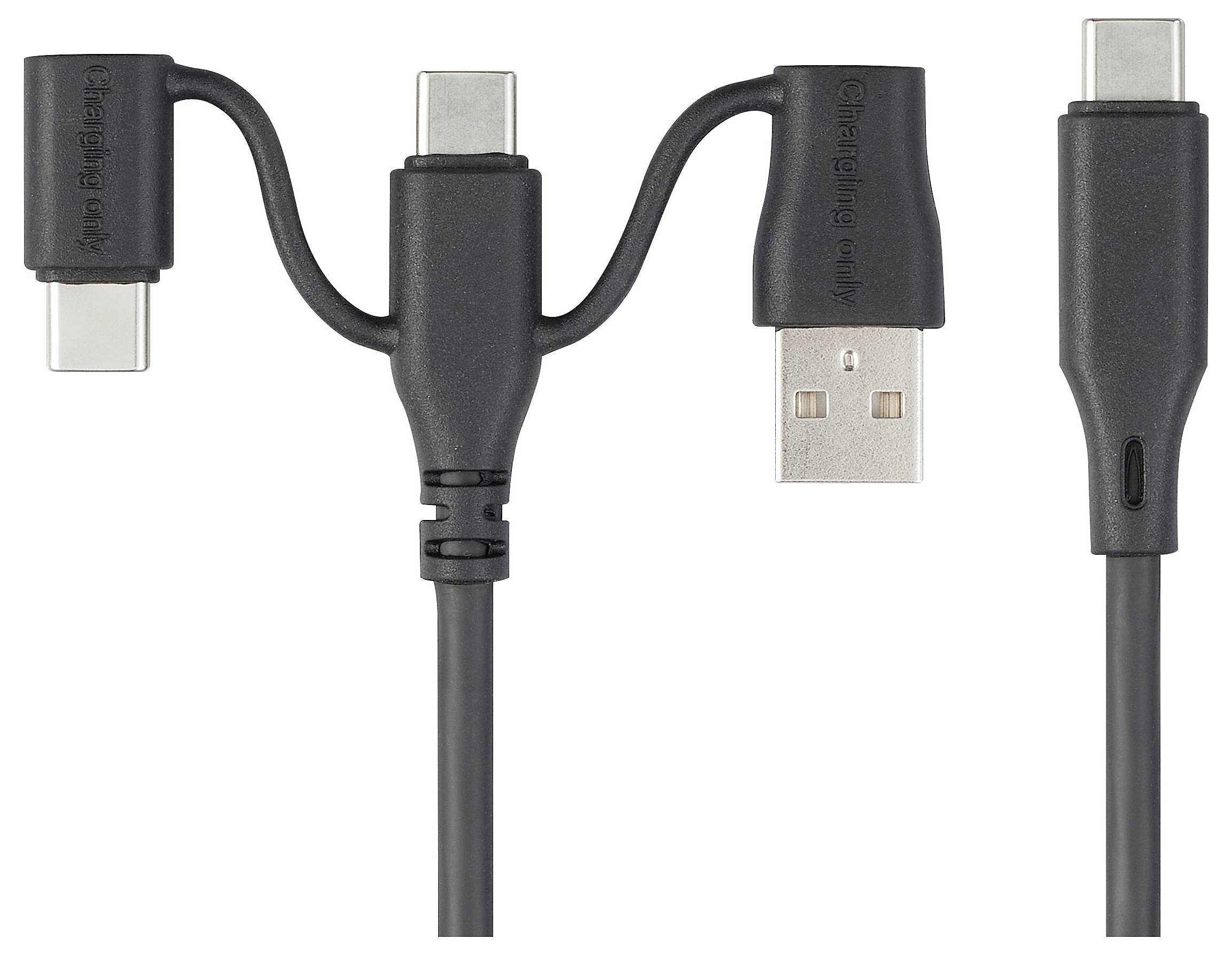'Zwart oplaadkabel met USB-C, USB-A en Micro-USB-aansluitingen. Kabel is flexibel en multifunctioneel voor verschillende apparaten.'