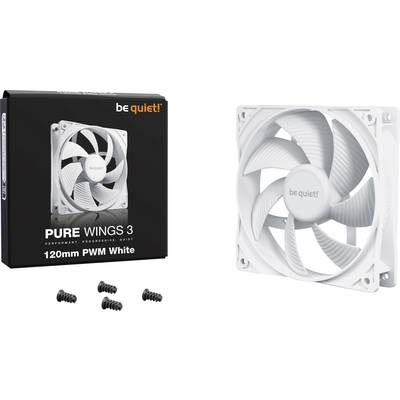Witte pc-ventilatorunit 'be quiet! Pure Wings 3' met verpakking en montagebevestigingen, toont het productontwerp en toebehoren.