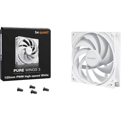 Een witte 120mm ventilator naast zijn verpakking. De verpakking toont de tekst 'be quiet! PURE WINGS 3 120mm PWM high-speed White'.