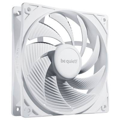 Witte computerventilator met 'be quiet!' opschrift in het midden, toont zeven gebogen rotorbladen in een vierkante lijst.