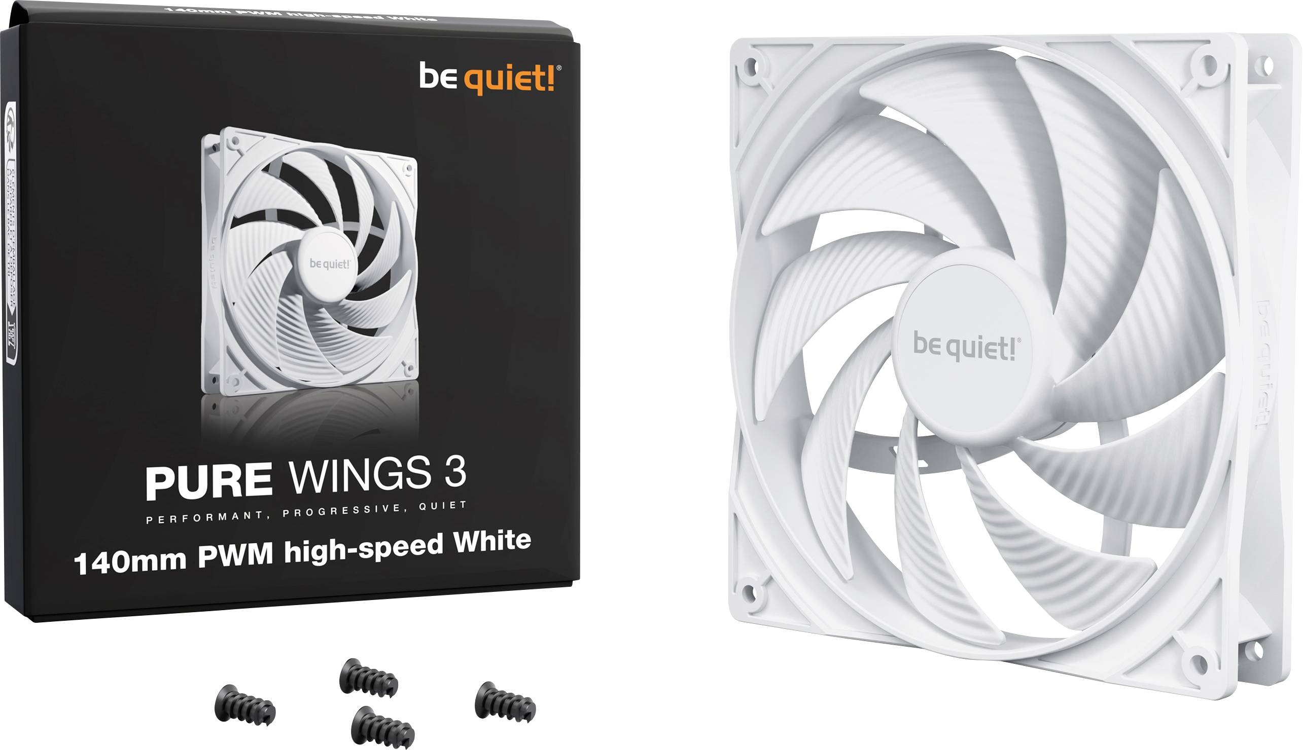 Ventilator 'be quiet! Pure Wings 3', 140mm PWM, in het wit met verpakking en schroeven; stil met hoge snelheid.