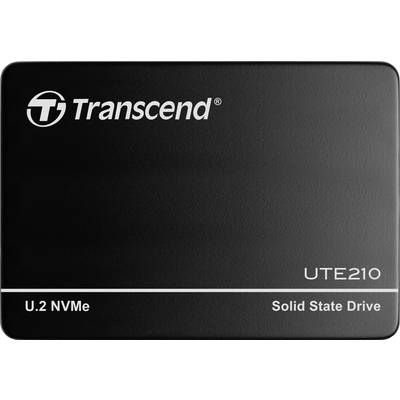 Zwarte Transcend U.2 NVMe Solid State Drive met modelnummer UTE210, toont het logo en producttype in witte letters.