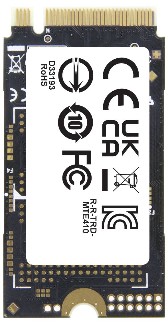 Een M.2 2280 NVMe SSD-module met labels voor certificeringen zoals CE en FCC. Geschikt voor hoogpresterende opslag.