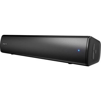 Zwarte soundbar met blauwe LED-indicatie, schuin van opzij gefotografeerd.