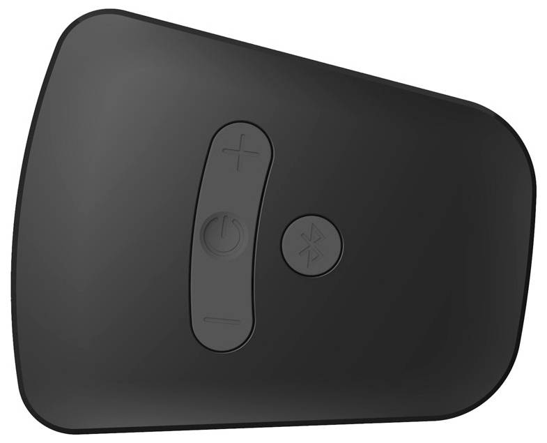 Zwarte Bluetooth-speaker, bovenaanzicht. Zichtbare knoppen: Volume verhogen, Aan/Uit, Bluetooth.