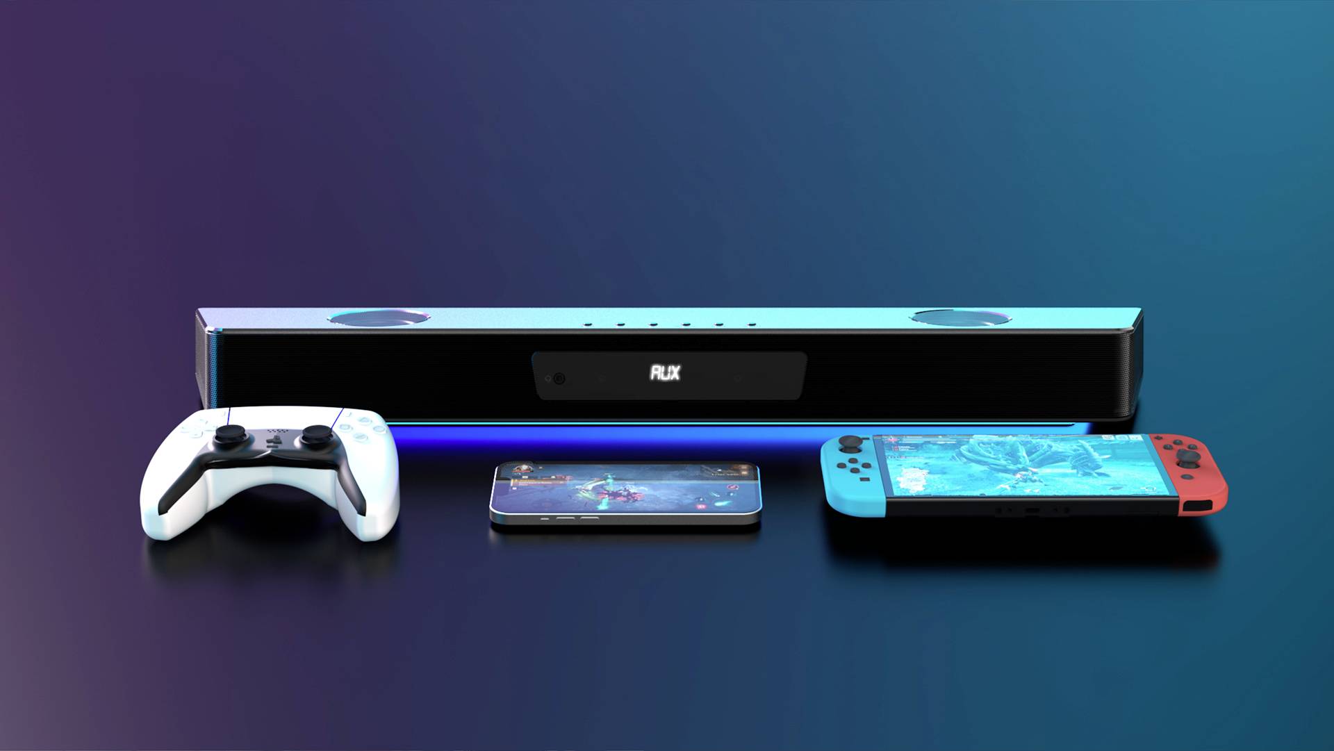 Een controller, een smartphone met spelweergave en een draagbare gameconsole staan voor een slanke soundbar.