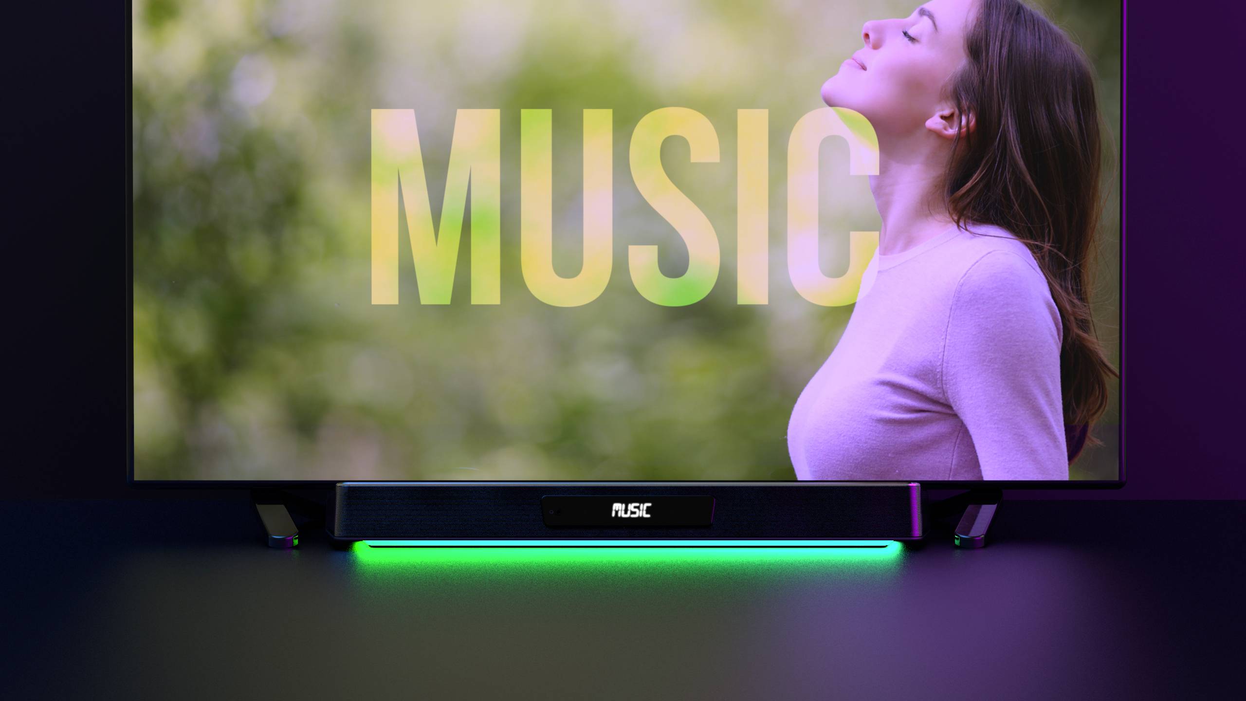 Een vrouw geniet van muziek, de tekst 'MUSIC' verschijnt voor haar. Op de achtergrond is wazig groen natuurlandschap te zien.