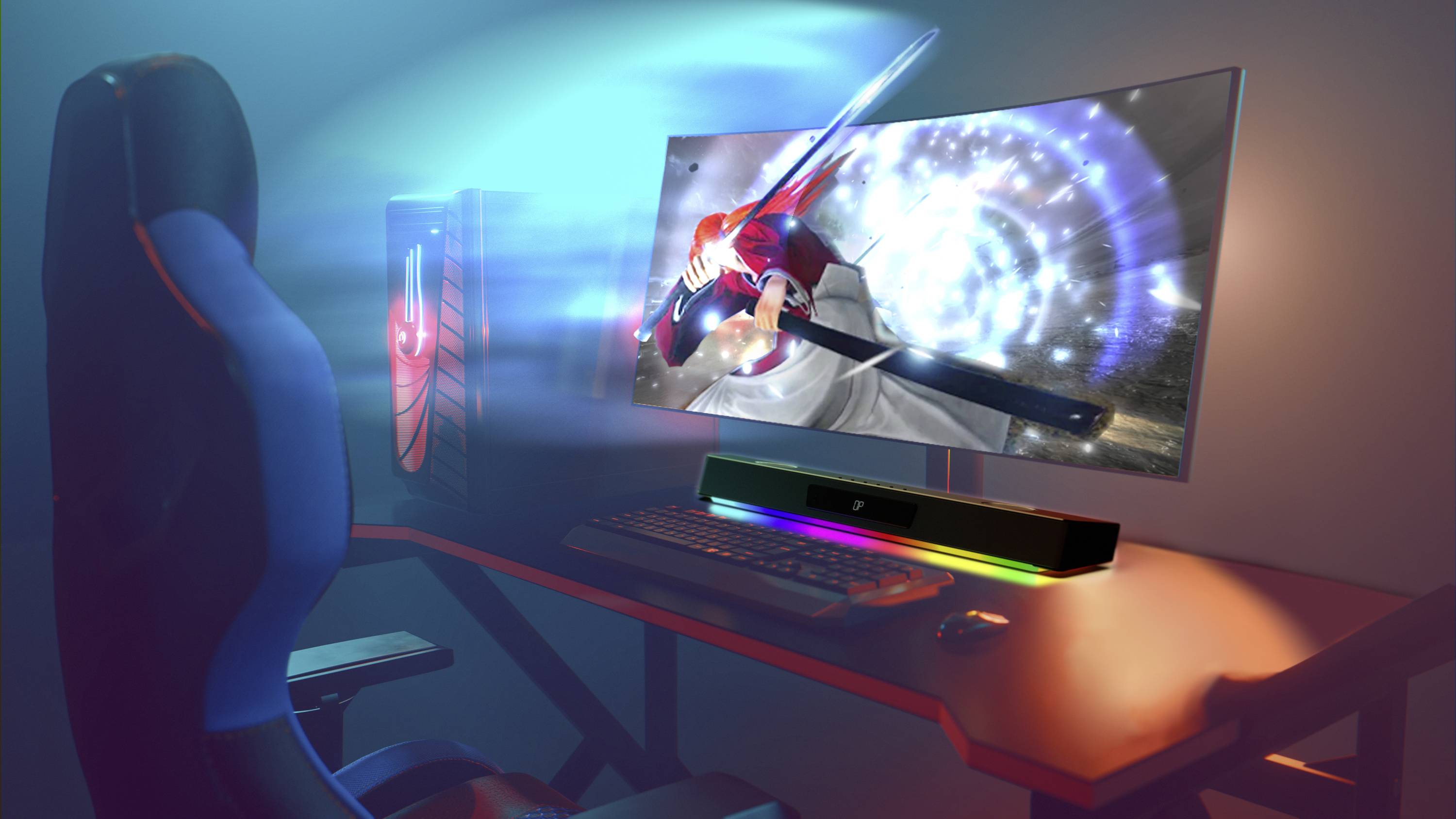 Een verlicht gaming-setup met een verlichte pc, monitor vertoont een actierijk videospel, naast toetsenbord en speakers.