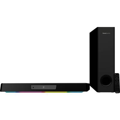 Soundbar met rechthoekige subwoofer en afstandsbediening ernaast, op witte achtergrond. De soundbar toont heldere lichteffecten aan de voorkant.