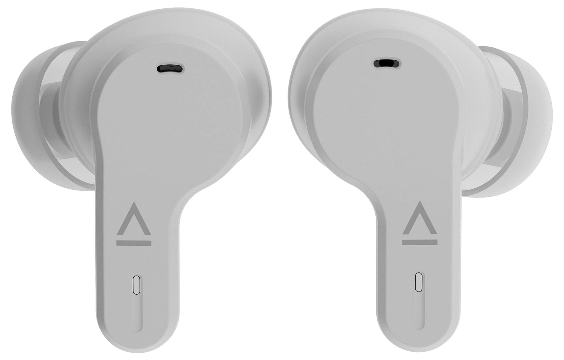 Een paar draadloze, witte oordopjes met een minimalistisch design. Ze hebben een subtiel logo en microfooningangen op elk oordopje.