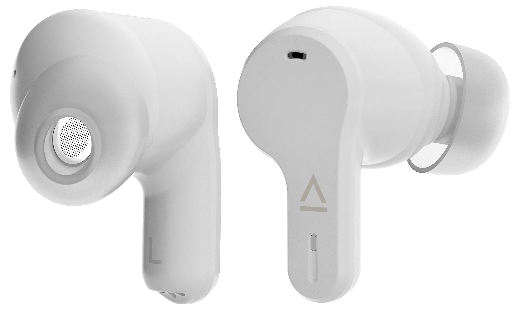 Witte draadloze in-ear koptelefoon; één toont de buitenkant met een kleine LED, de andere het oordopje met een luchtinlaat.