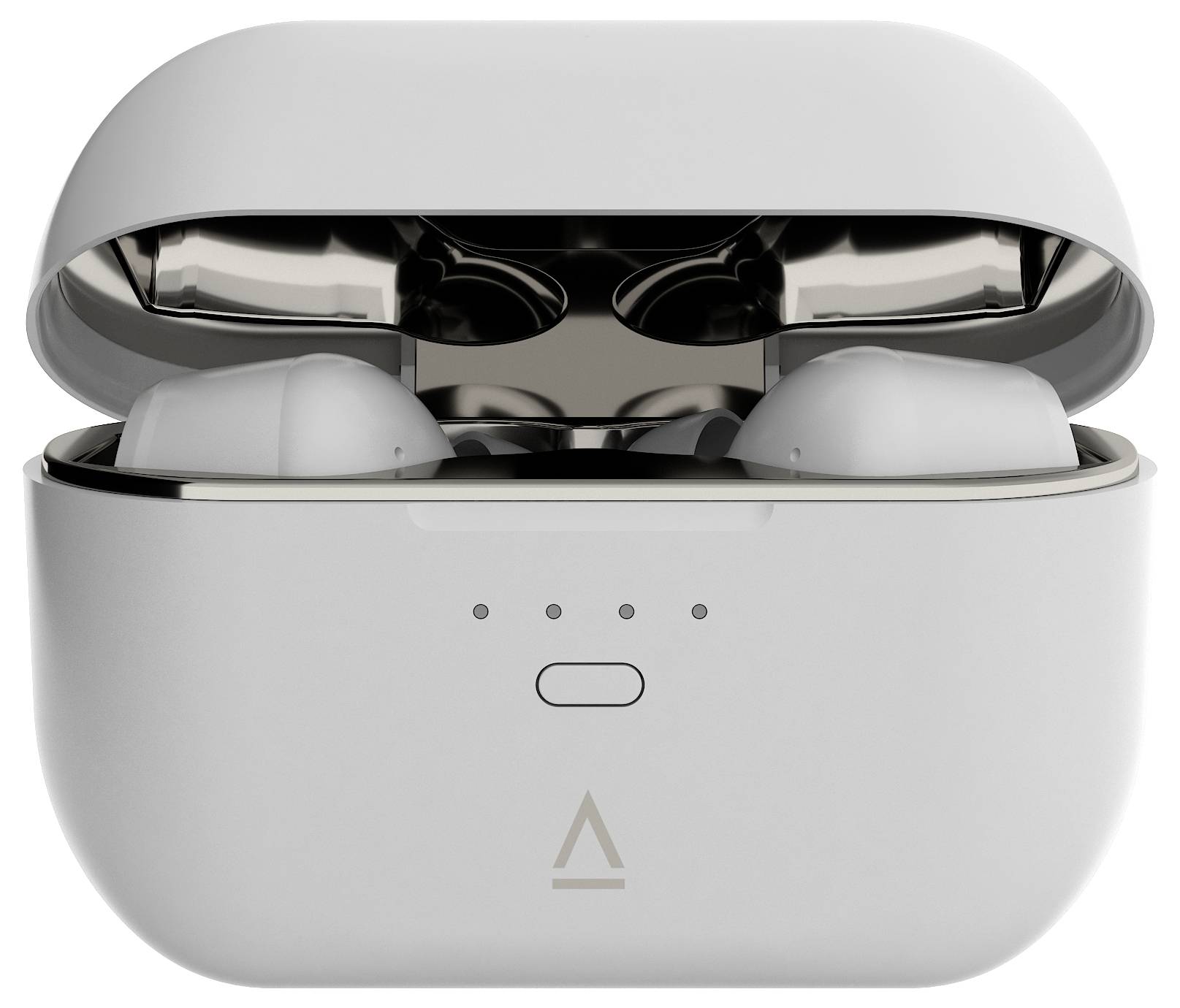 Witte draadloze in-ear koptelefoon in een oplaadcase, gedeeltelijk geopend, met een batterij-indicator en een logo op de voorkant.