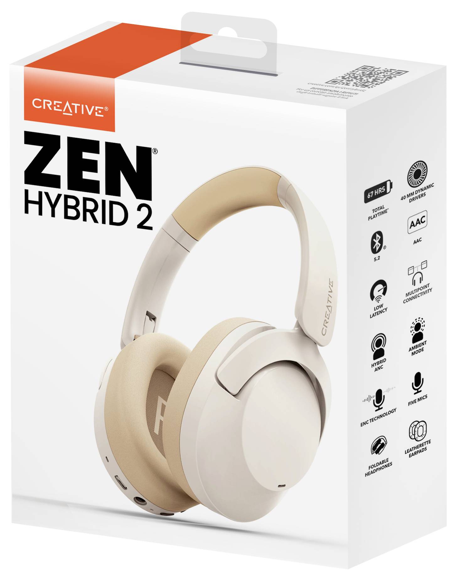 Verpakking van de 'ZEN Hybrid 2' koptelefoon van Creative; toont productafbeelding en symbolen voor functies zoals Bluetooth, AAC en 40mm drivers.
